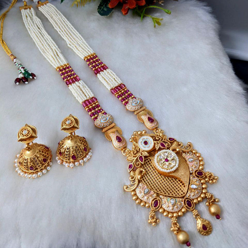 Aamrapali Gold Plated Pota Stone And Meenakari Long Necklace Set
