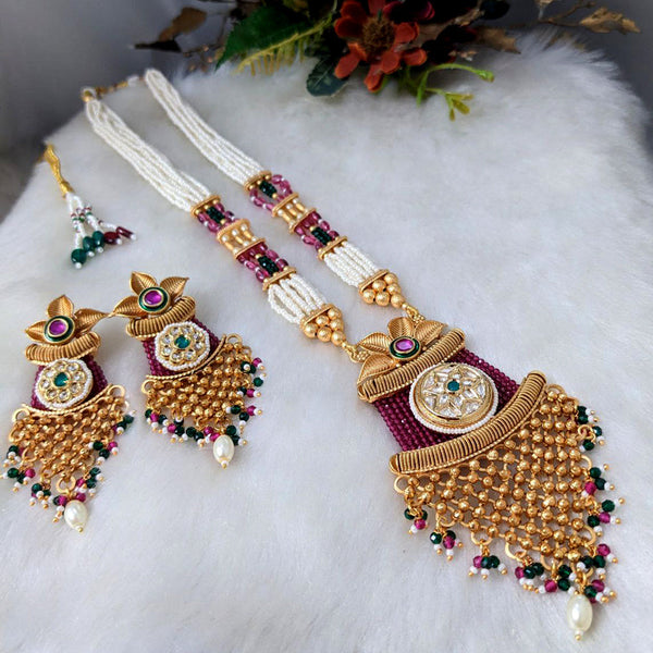 Aamrapali Gold Plated Pota Stone And Pearl Long Necklace Set