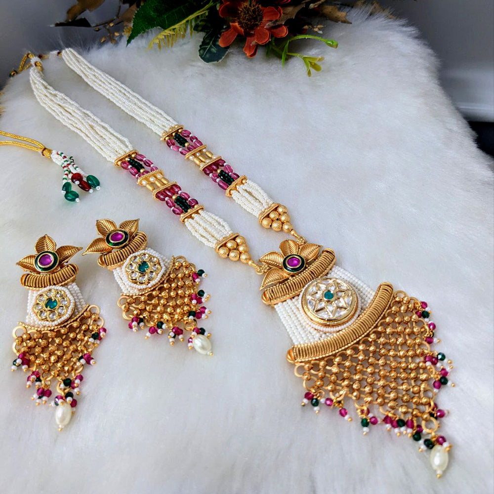 Aamrapali Gold Plated Pota Stone And Pearl Long Necklace Set