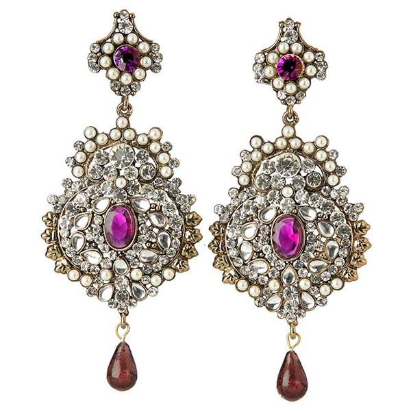 Kriaa Purple Austrian Stone Pearl Dangler Earrings - 1301007