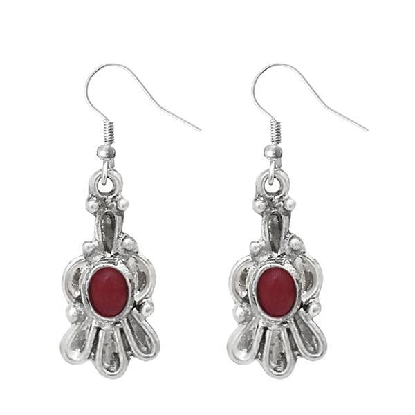 Urthn Maroon Pota Stone Silver Plated Dangler Earrings - 1303538B