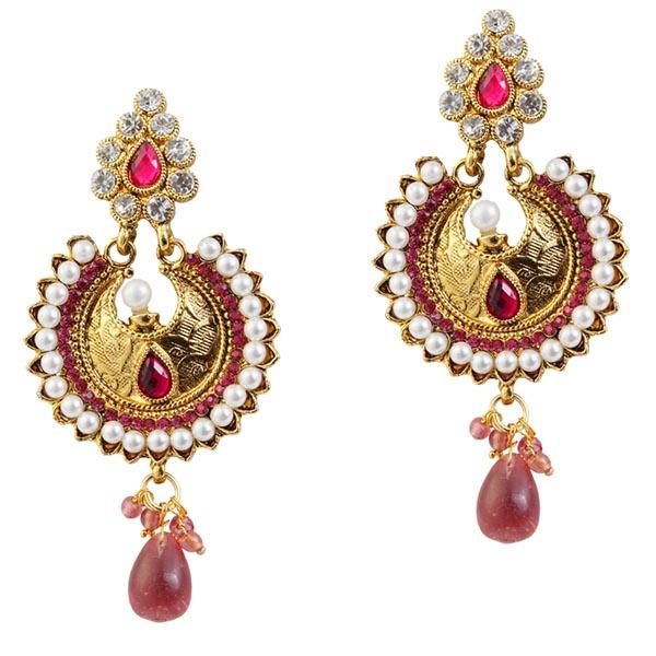 Kriaa Kundan Pink Austrian Stone Pearl Dangler Earrings - 1303787