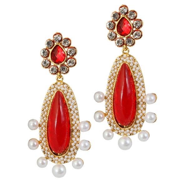 Kriaa Maroon Stone Pearl Gold Plated Dangler Earrings - 1303792