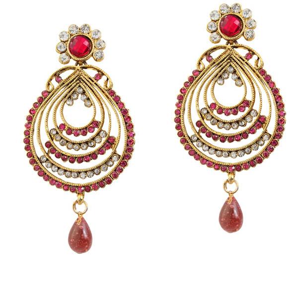 Kriaa Red Austrian Stone Drop Gold Plated Dangler Earrings - 1303799