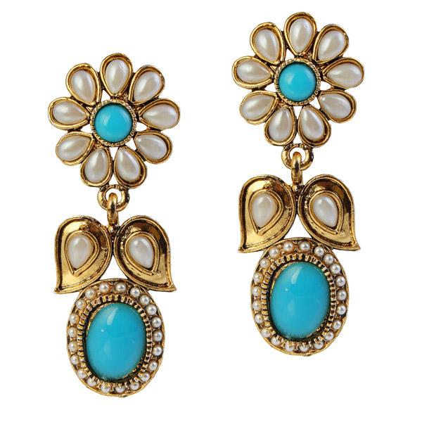 Kriaa Blue Pota Stone Gold Plated Dangler Earrings - 1304909