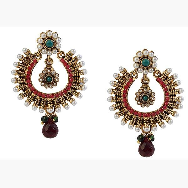 Kriaa Pearl Pota Stone Antique Gold Plated  Dangler Earrings - 1304924