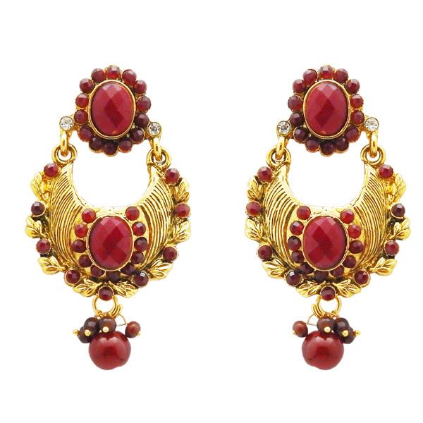 Kriaa Maroon Austrian Stone Gold Plated Dangler Earrings - 1304951B