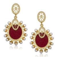 Kriaa Maroon Resin Pearl Gold Plated Dangler Earrings - 1305039