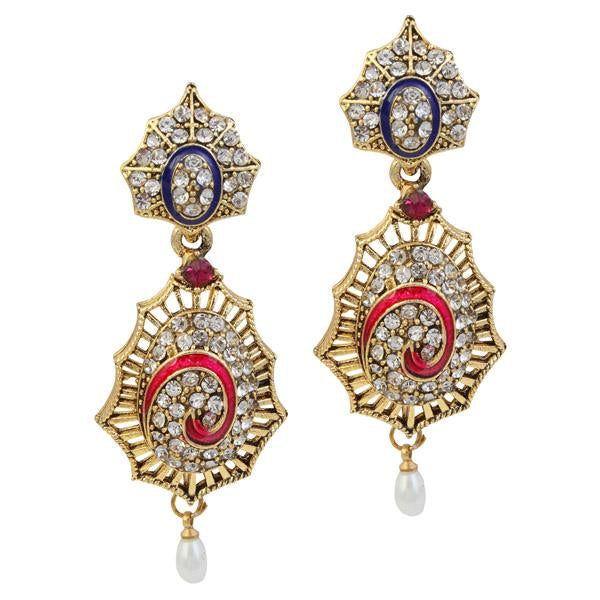 Kriaa Stone Meenakari Pearl Gold Plated Dangler Earrings - 1305202