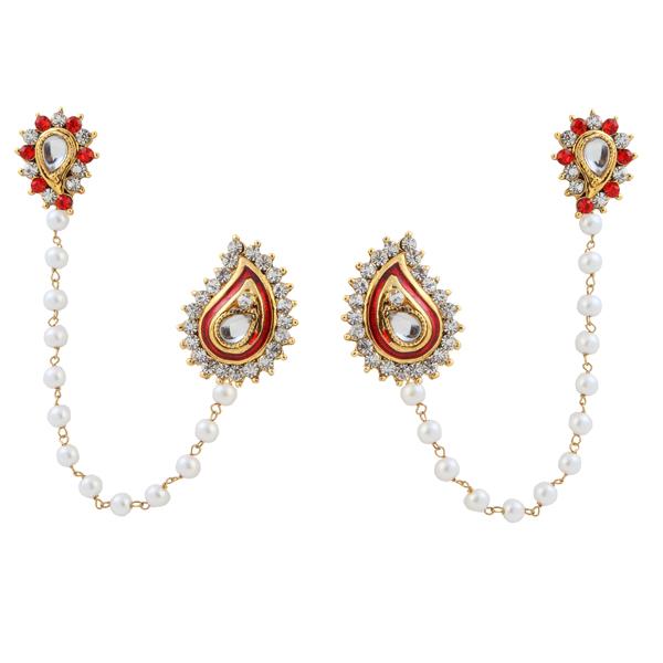 Kriaa Kundan Red Austrian Stone Pearl Chain Ear Cuff - 1305631