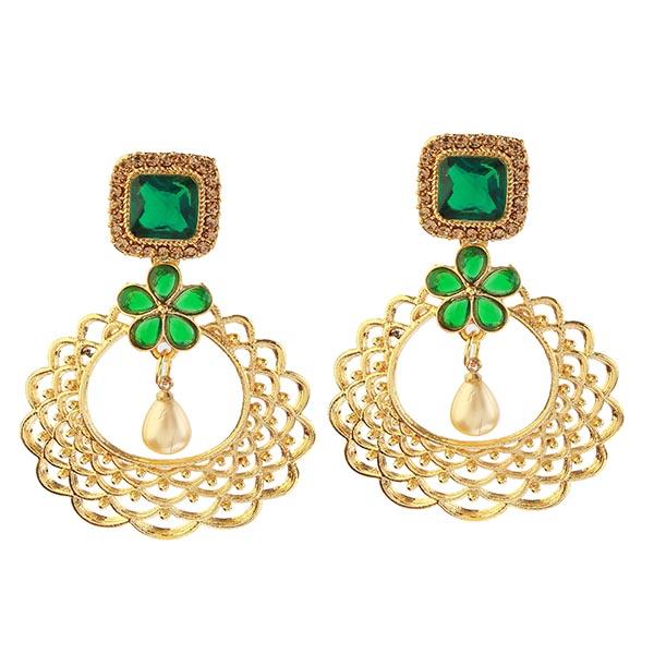 Kriaa Green Kundan Stone Gold Plated Dangler Earrings - 1307006C