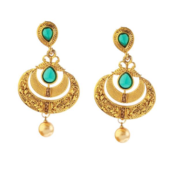Kriaa Green Stone Pearl Drop Dangler Earrings - 1307411B