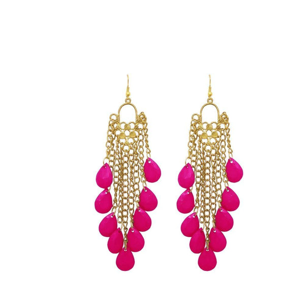 Urthn Gold Plated Dark Pink Drop Dangler Earrings - 1307964G