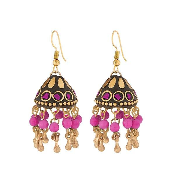 Kriaa Pink Beads Gold Plated Jhumki Earrings - 1308328C