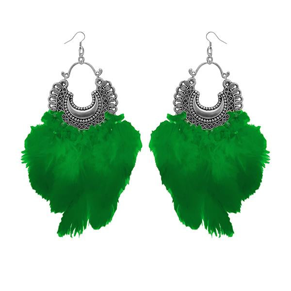 Tip Top Fashions Green Feather Rhodium Plated Afghani Earrings - 1308355B