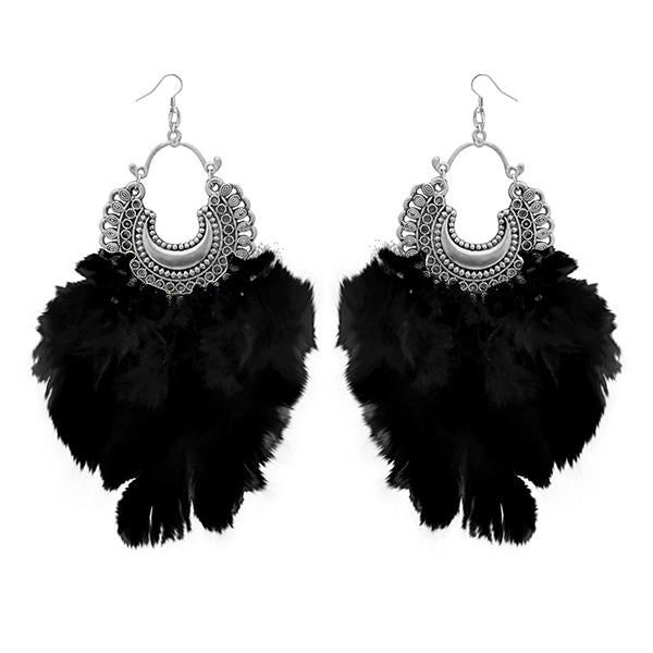 Jeweljunk Black Feather Rhodium Plated Afghani Earrings - 1308355F