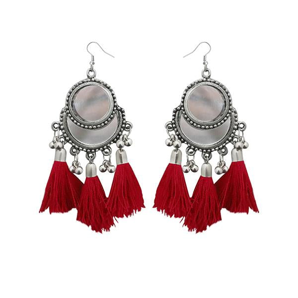 Jeweljunk Maroon Thread Rhodium Plated Tassel Earrings - 1308364C