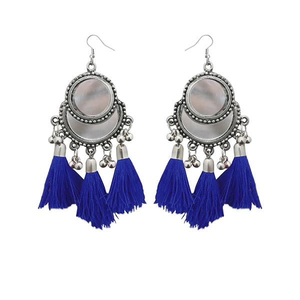 Jeweljunk Blue Thread Rhodium Plated Tassel Earrings - 1308364D