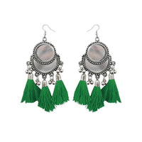 Jeweljunk Rhodium Plated Green Thread Tassel Earrings - 1308364F