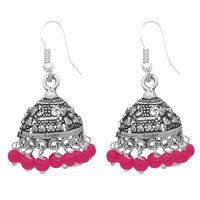 Jeweljunk Pink Beads Rhodium Plated Jhumki Earrings - 1309004A