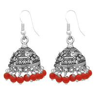 Jeweljunk Red Beads Rhodium Plated Jhumki Earrings - 1309004E