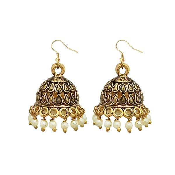 Kriaa Antique Gold Plated White Beads Jhumki Earrings - 1309341A