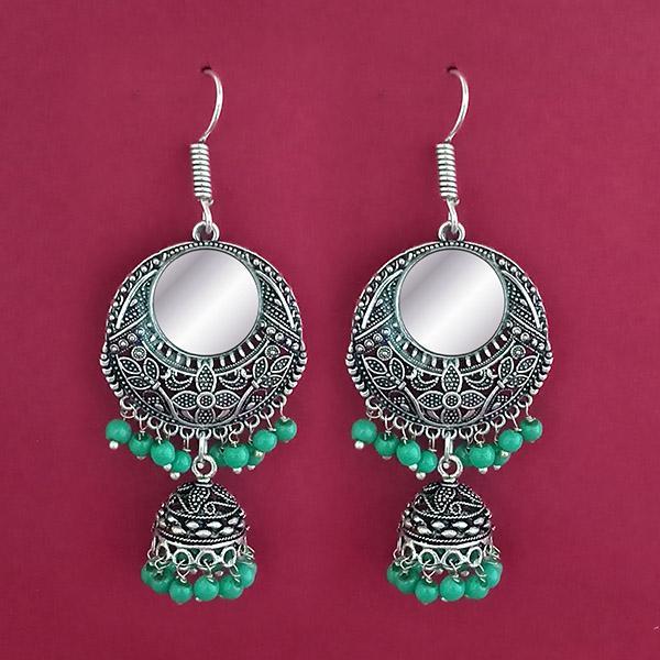 Jeweljunk Green Beads Silver Plated Mirror Dangler Earrings - 1309373F