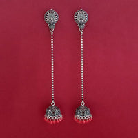 Jeweljunk Red Beads Oxidised Plated Chain Jhumki Earrings - 1309374D