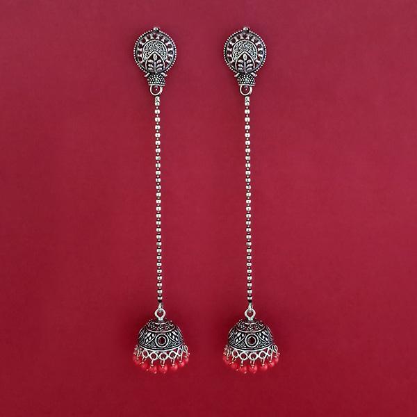 Jeweljunk Red Beads Oxidised Plated Chain Jhumki Earrings - 1309374D