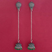 Jeweljunk Green Beads Oxidised Plated Chain Jhumki Earrings - 1309374F