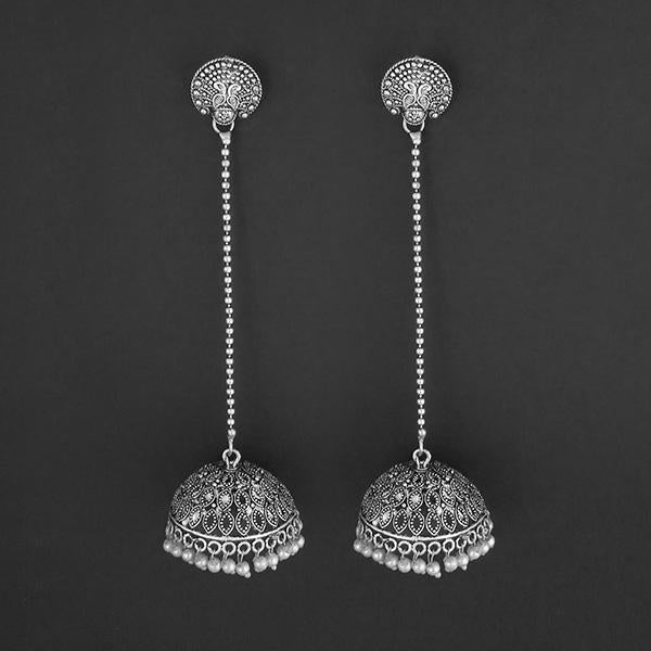 Jeweljunk Grey Beads Hanging Jhumki Oxidised Earrings - 1309375A