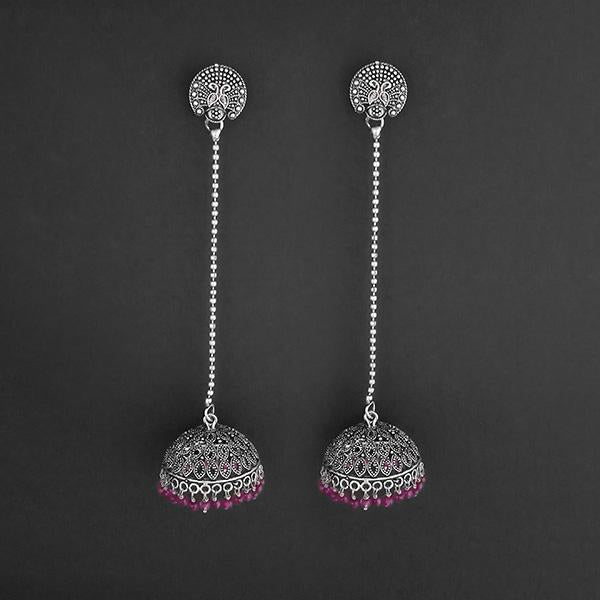 Jeweljunk Pink Beads Hanging Jhumki Oxidised Earrings - 1309375C