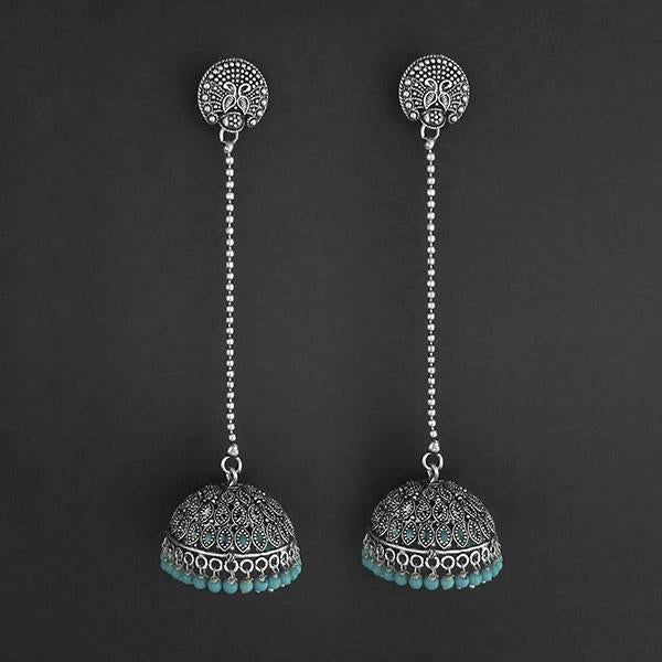 Jeweljunk Blue Beads Hanging Jhumki Oxidised Earrings - 1309375G