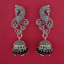 Jeweljunk Black Beads Silver Plated Peacock Jhumki Earrings - 1309378B