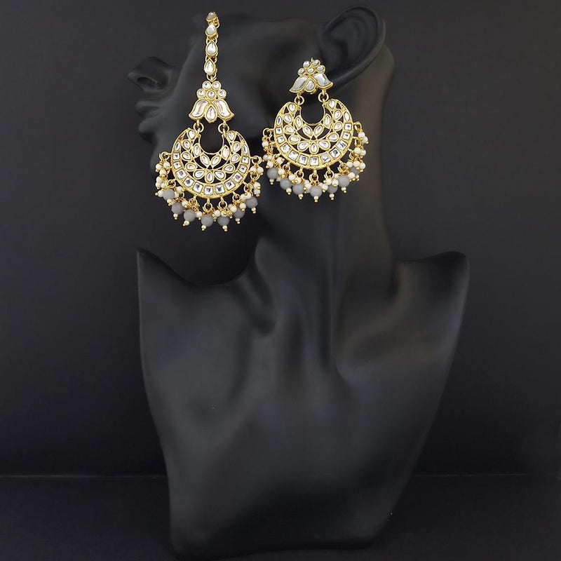 Kriaa Gold Plated Grey Beads And Kundan Earrings With Maang Tikka - 1309532K