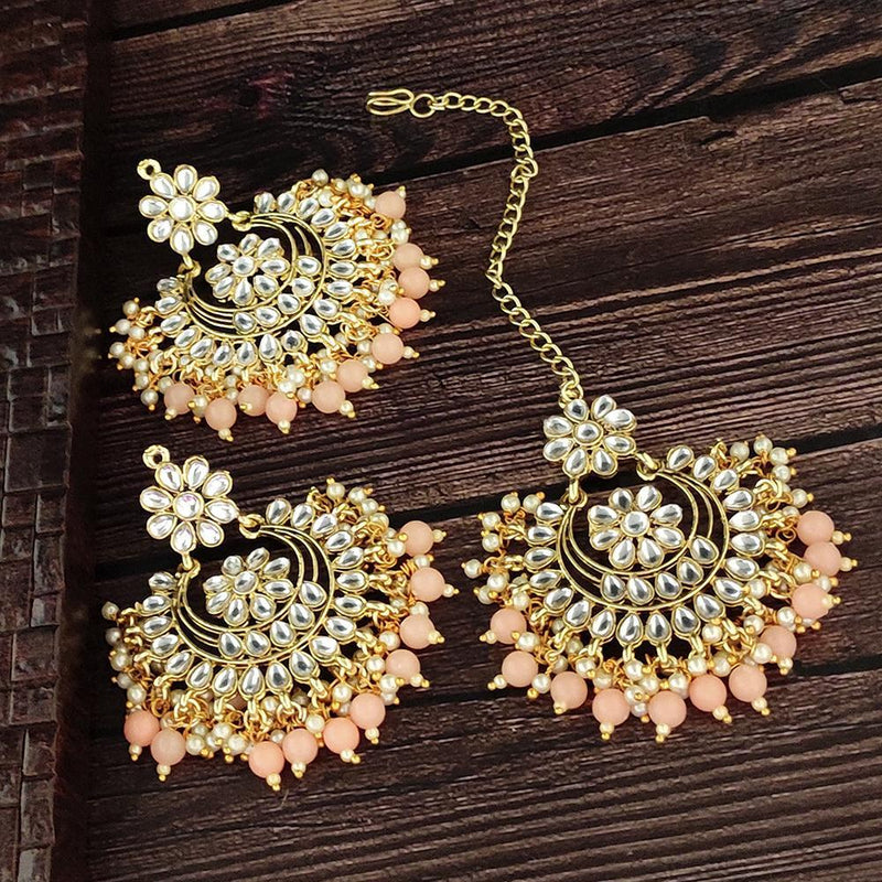 Kriaa Gold Plated Peach Beads And Kundan Earrings With Maang Tikka - 1309534E