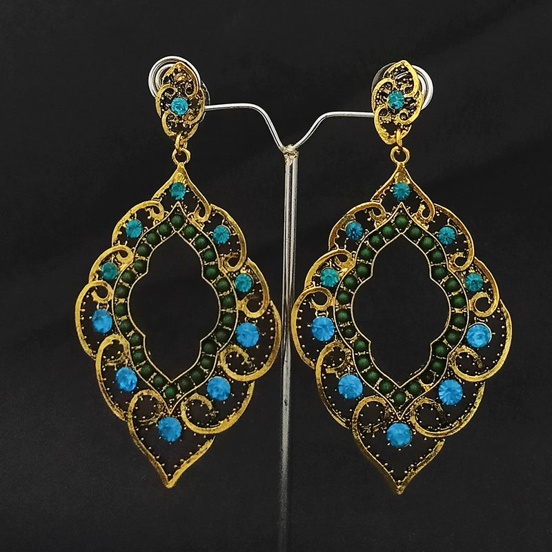 Kriaa Gold Plated Blue & Green Austrian Stone Dangler earrings