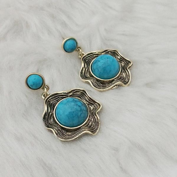 Kriaa Turquoise Stone Antique Gold Plated Dangler Earrings - 1310845A