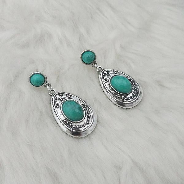Kriaa Turquoise Stone Black Oxidised Plated Dangler Earrings - 1310850D