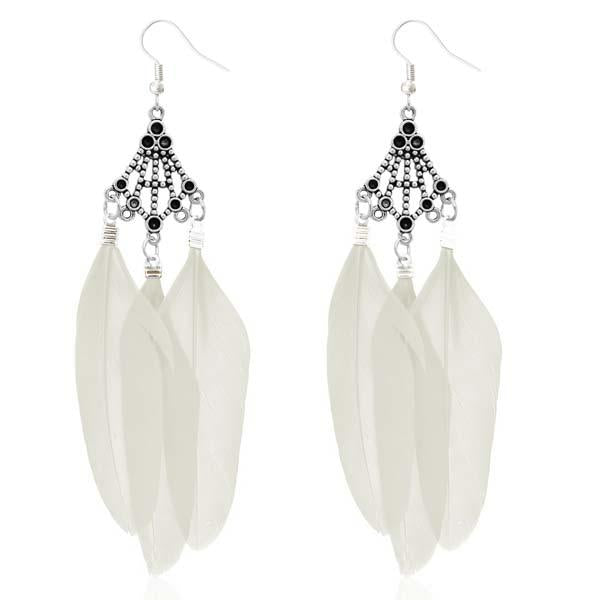 Jeweljunk Rhodium Plated White Feather Earrings - 1310946C
