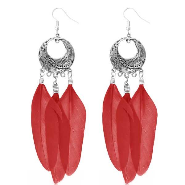 Jeweljunk Rhodium Plated  Red Feather Earrings - 1310948D