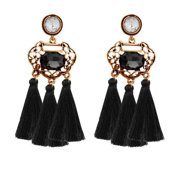 Jeweljunk Gold Plated Black Stone Tassel Earrings - 1310949A