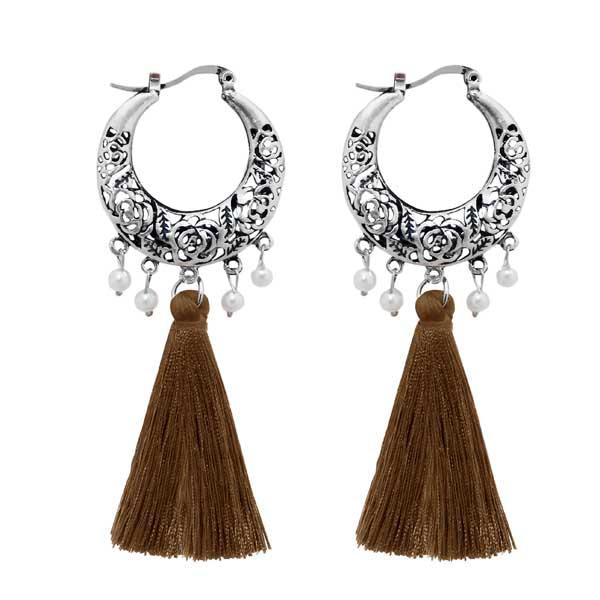 Jeweljunk Brown Thread Rhodium Plated Tassel Earrings - 1310956E