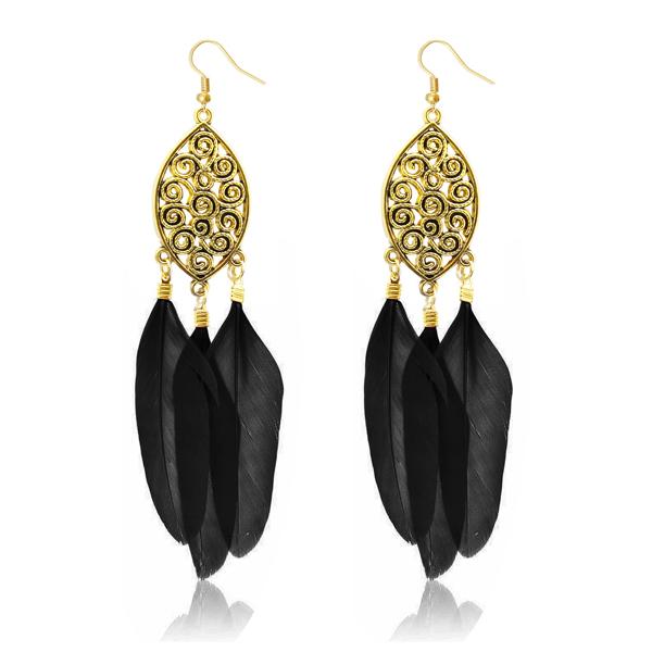 Jeweljunk Gold Plated Black Feather Earrings - 1310957E