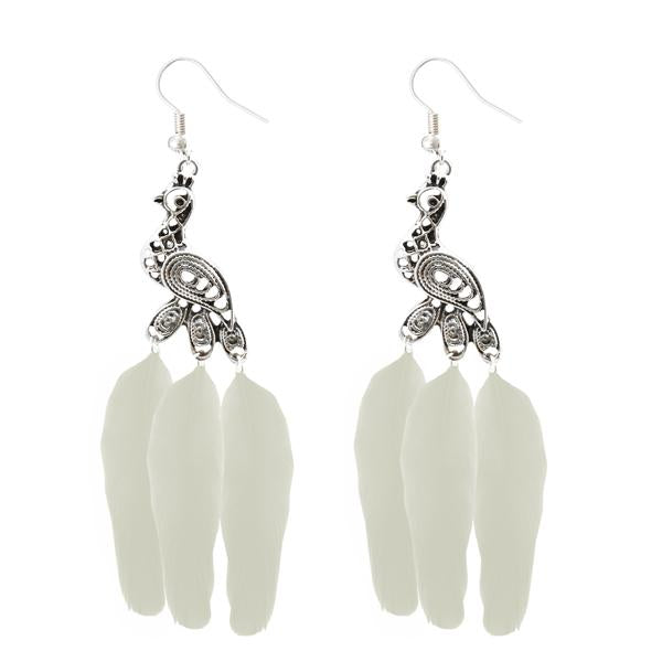 Jeweljunk Silver Plated White Peacock Feather Earrings - 1310960F