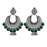 Jeweljunk Rhodium Plated Green Beads Chandbali Earrings - 1311007E