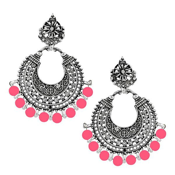 Jeweljunk Pink Beads Rhodium Plated Afghani Earrings - 1311025C