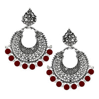 Jeweljunk Rhodium Plated Maroon Beads Afghani Earrings - 1311025M