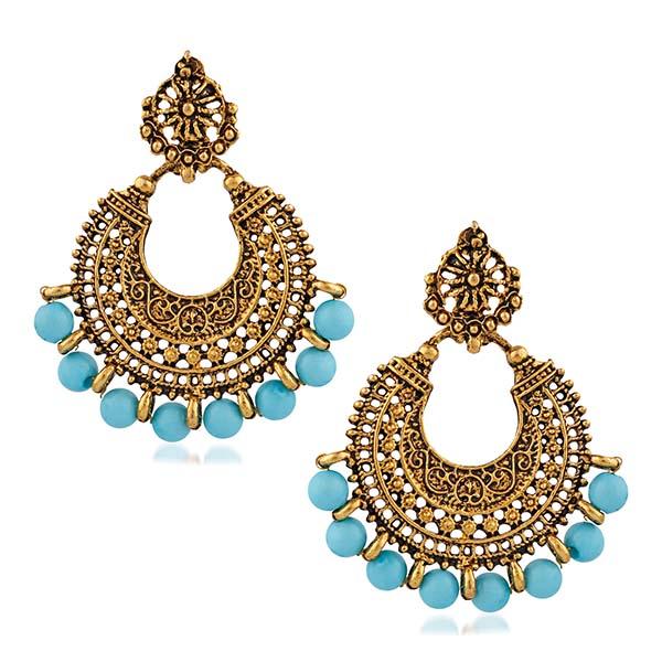 Jeweljunk Blue Beads Antique Gold Plated Afghani Earrings - 1311026A