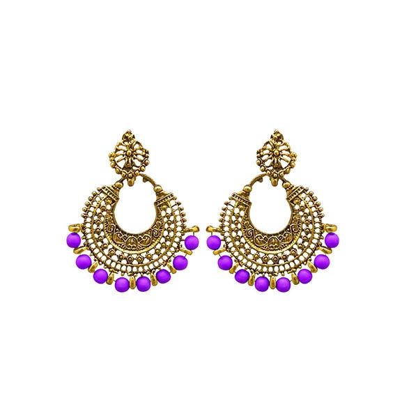 Tip Top Fashions Purple Beads Antique Gold Plated Afghani Earrings - 1311026J